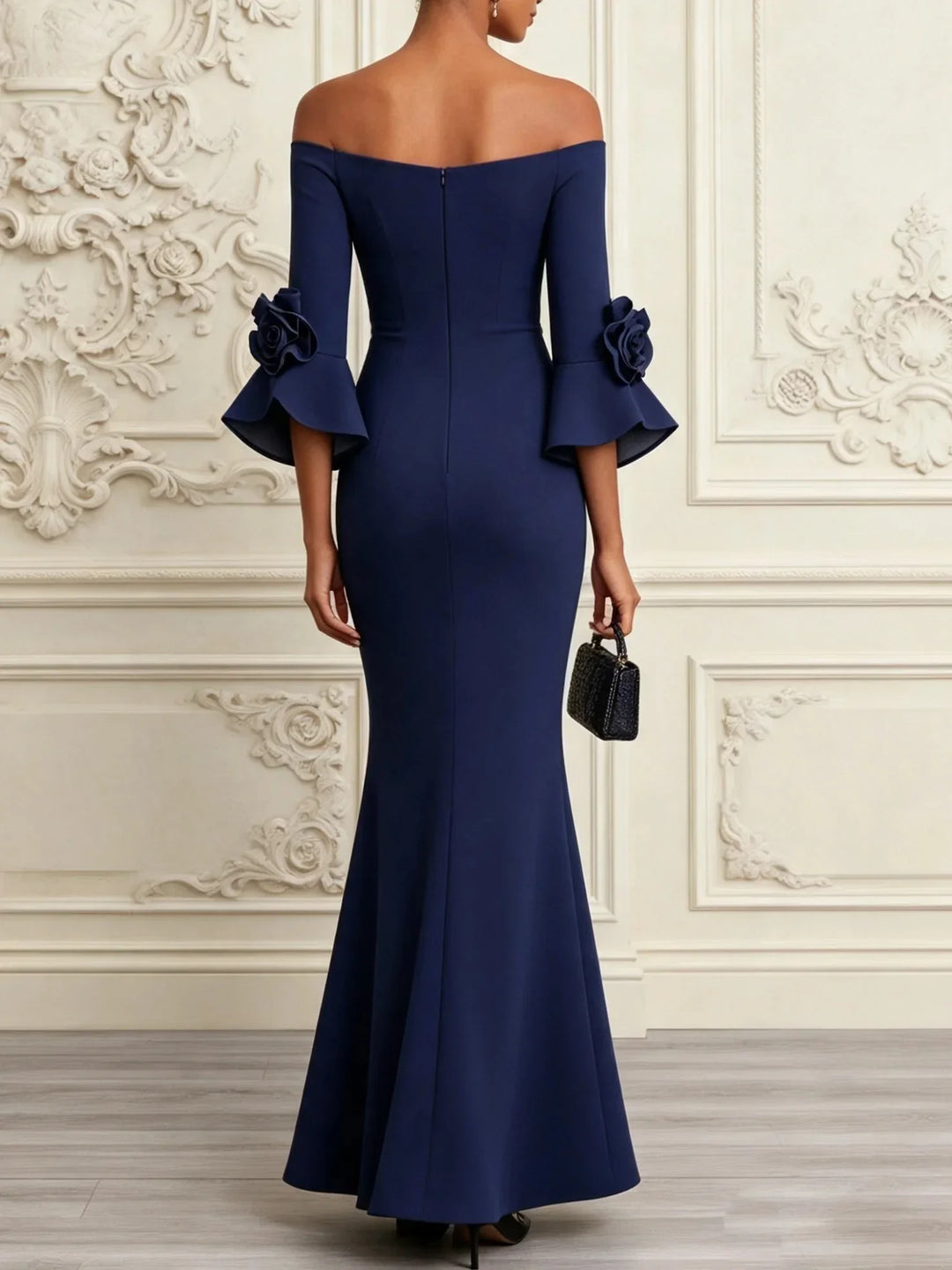 ELENA | ROBE MAXI MERMAID FLEURIE 3D MARINE