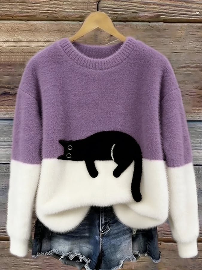 Pull Élégant à Imprimé Chat pour Femmes