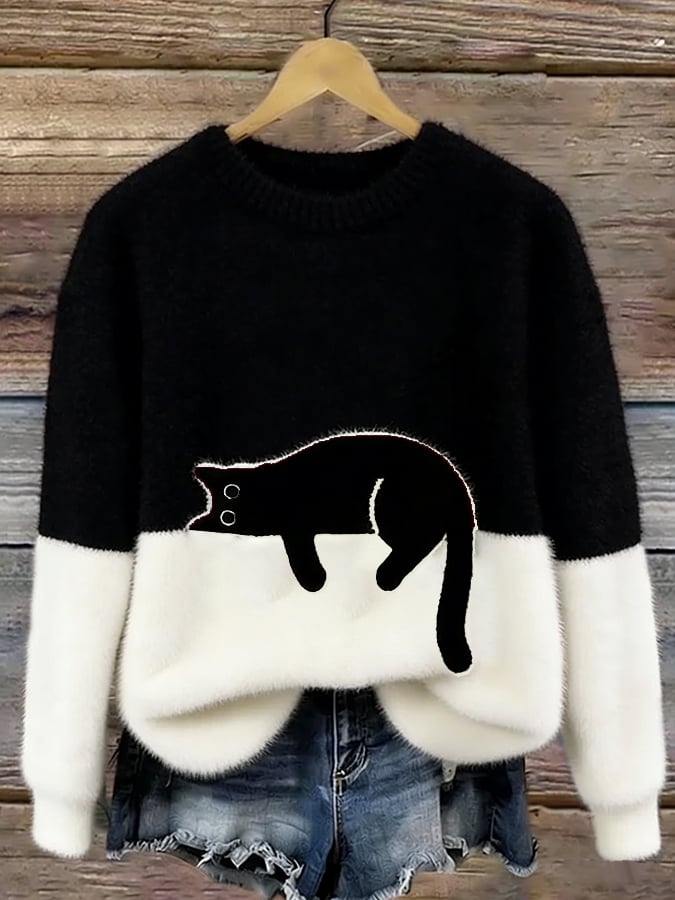 Pull Élégant à Imprimé Chat pour Femmes