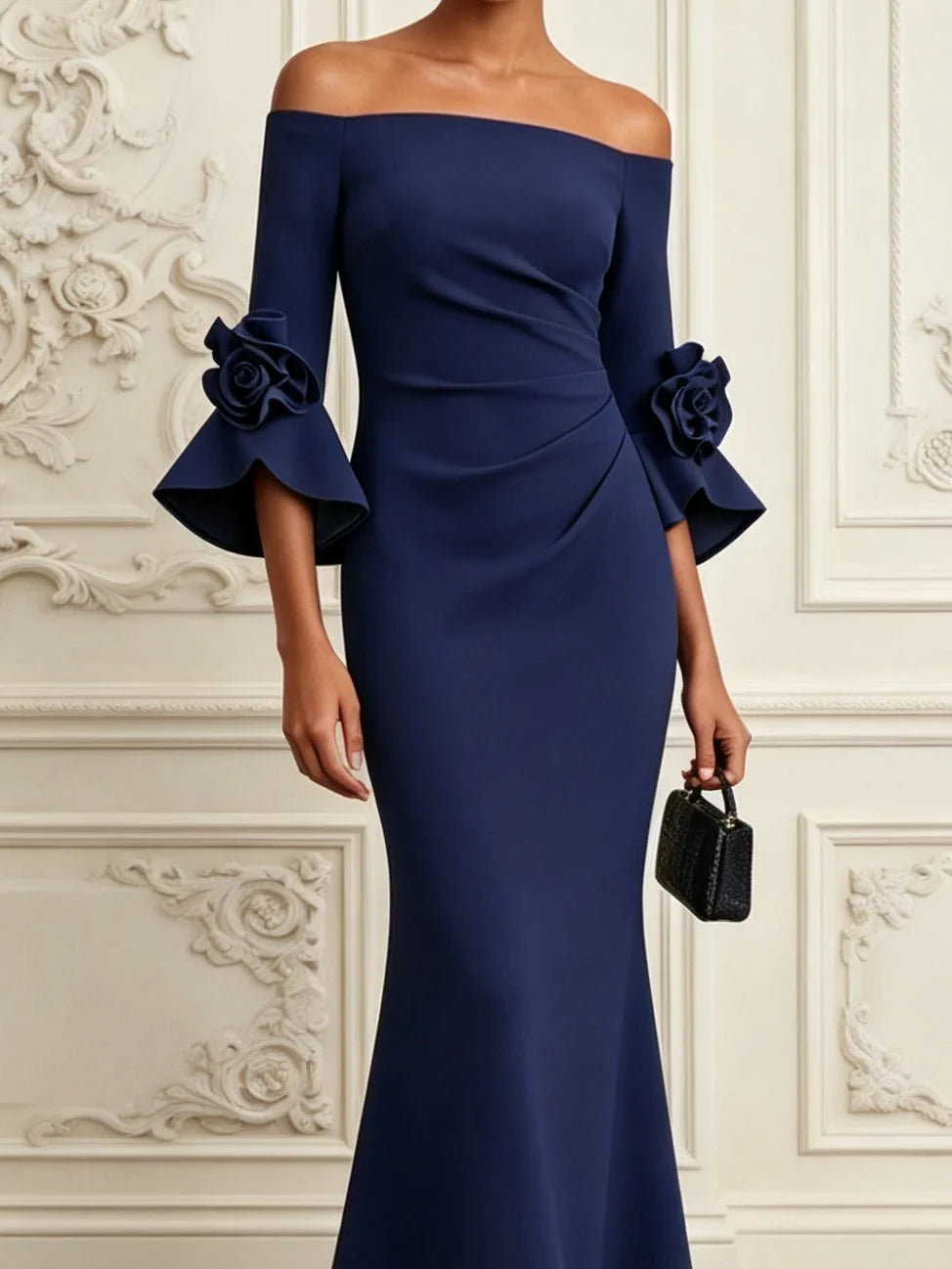 ELENA | ROBE MAXI MERMAID FLEURIE 3D MARINE