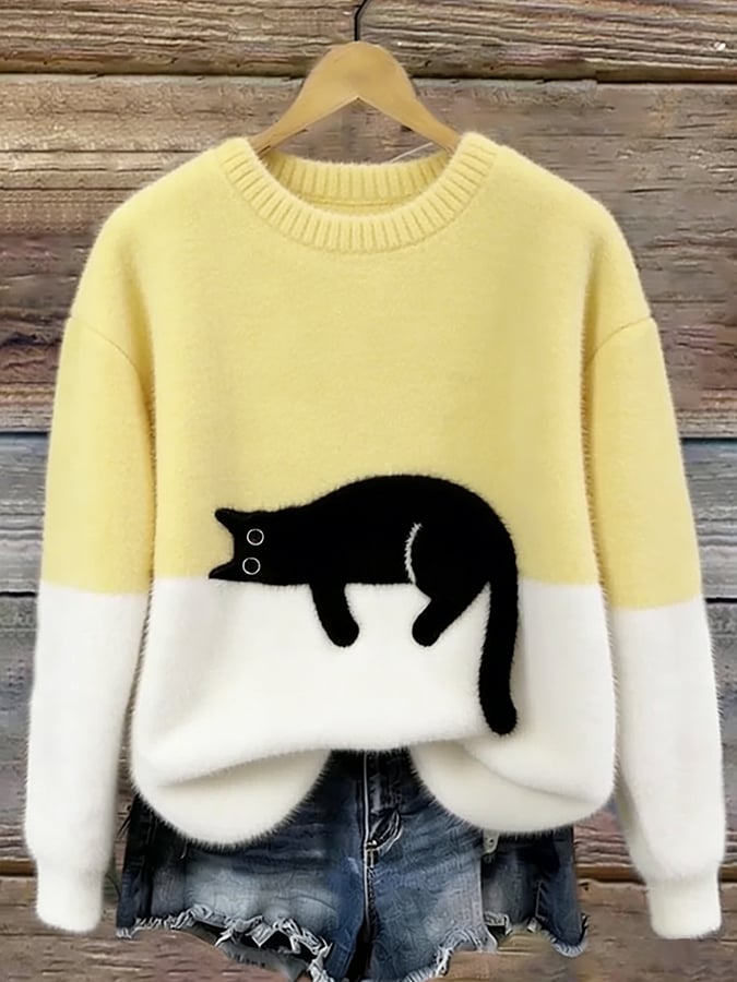 Pull Élégant à Imprimé Chat pour Femmes