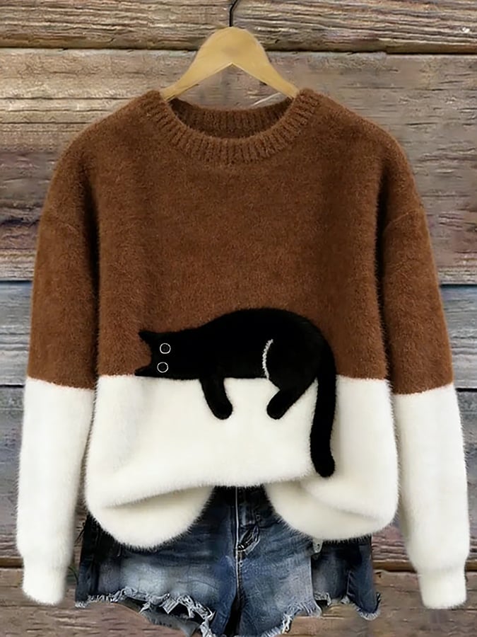 Pull Élégant à Imprimé Chat pour Femmes