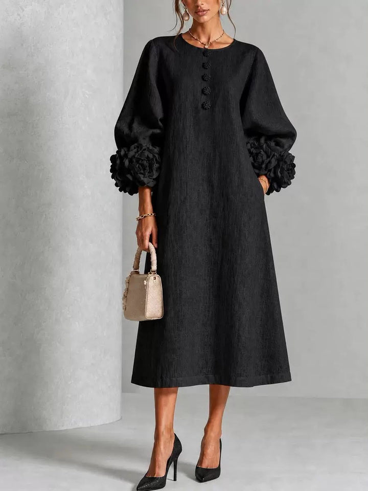 Rosélia – Robe Midi Fleurie à Boutons Délicats