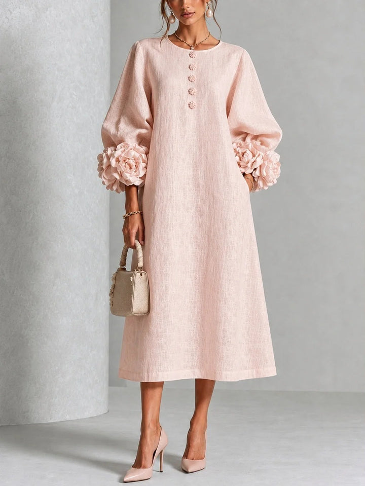 Rosélia – Robe Midi Fleurie à Boutons Délicats