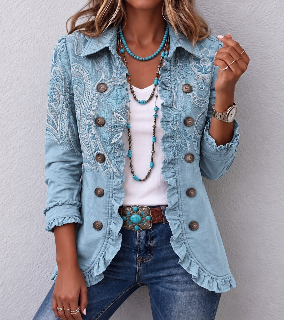 Kamberly™ | Veste utilitaire à volants brodée florale Boho-Chic