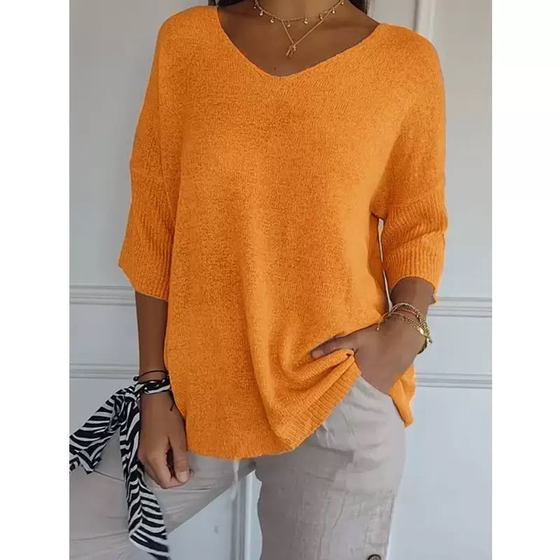 Ellen™ | Pull en tricot doux à manches 3/4 et col en V pour femmes