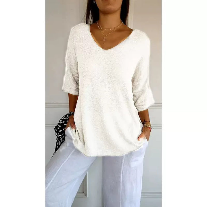 Ellen™ | Pull en tricot doux à manches 3/4 et col en V pour femmes