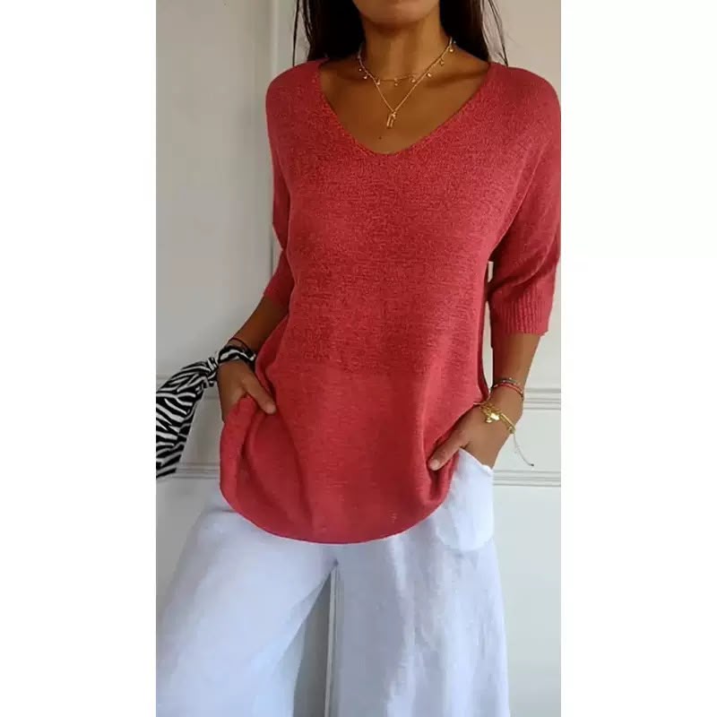 Ellen™ | Pull en tricot doux à manches 3/4 et col en V pour femmes