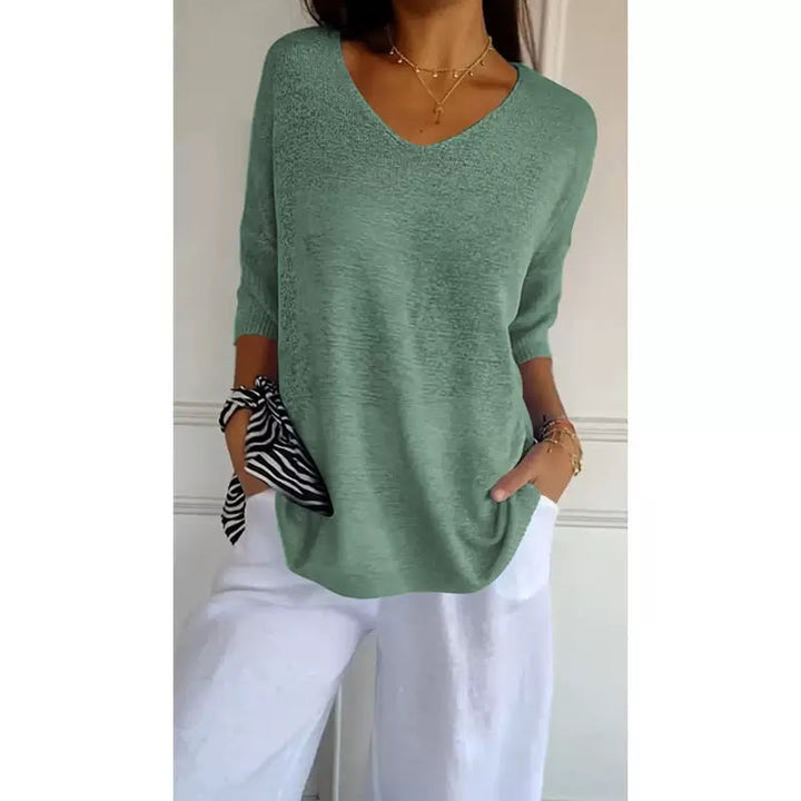 Ellen™ | Pull en tricot doux à manches 3/4 et col en V pour femmes