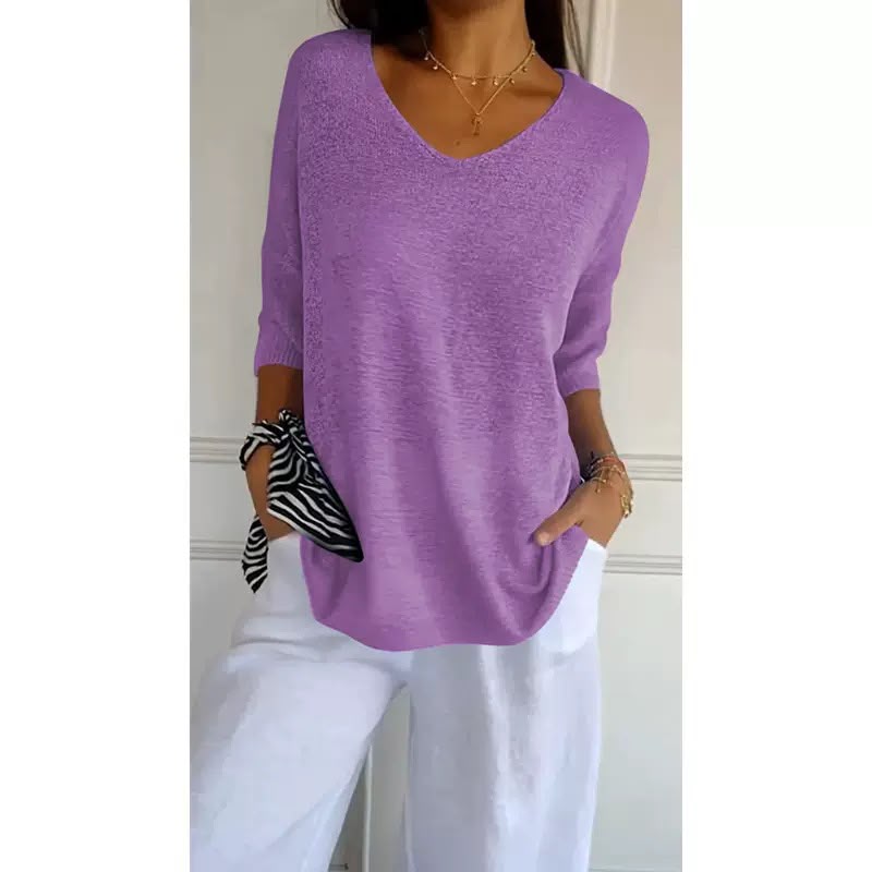 Ellen™ | Pull en tricot doux à manches 3/4 et col en V pour femmes