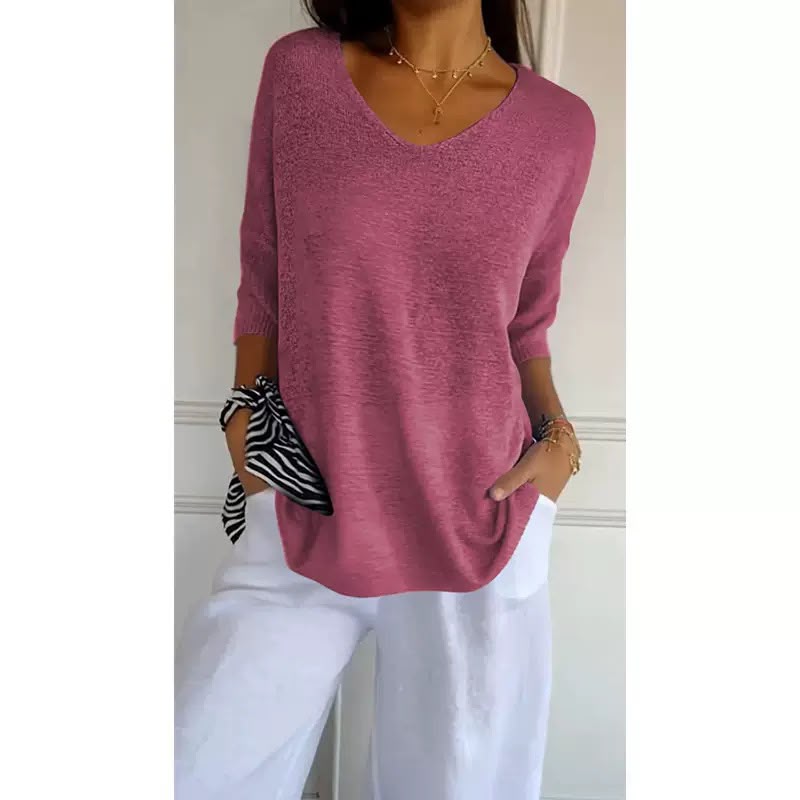 Ellen™ | Pull en tricot doux à manches 3/4 et col en V pour femmes