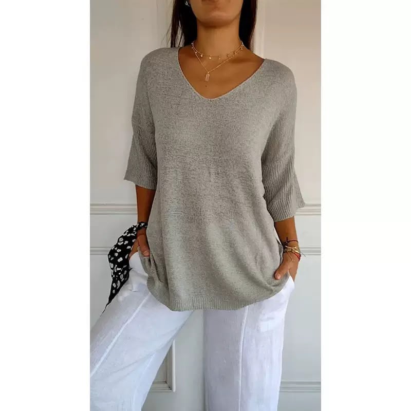 Ellen™ | Pull en tricot doux à manches 3/4 et col en V pour femmes