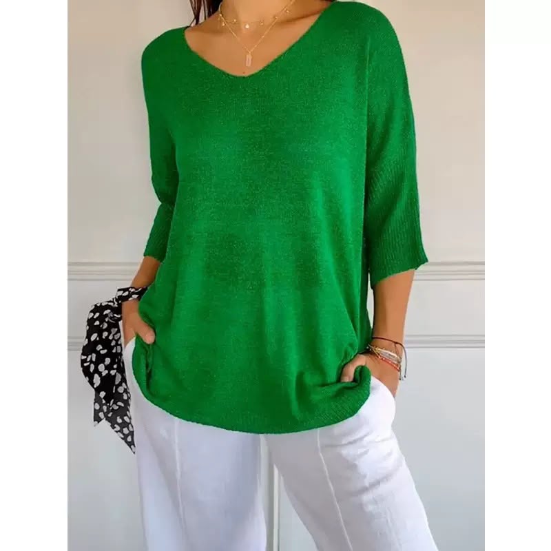 Ellen™ | Pull en tricot doux à manches 3/4 et col en V pour femmes