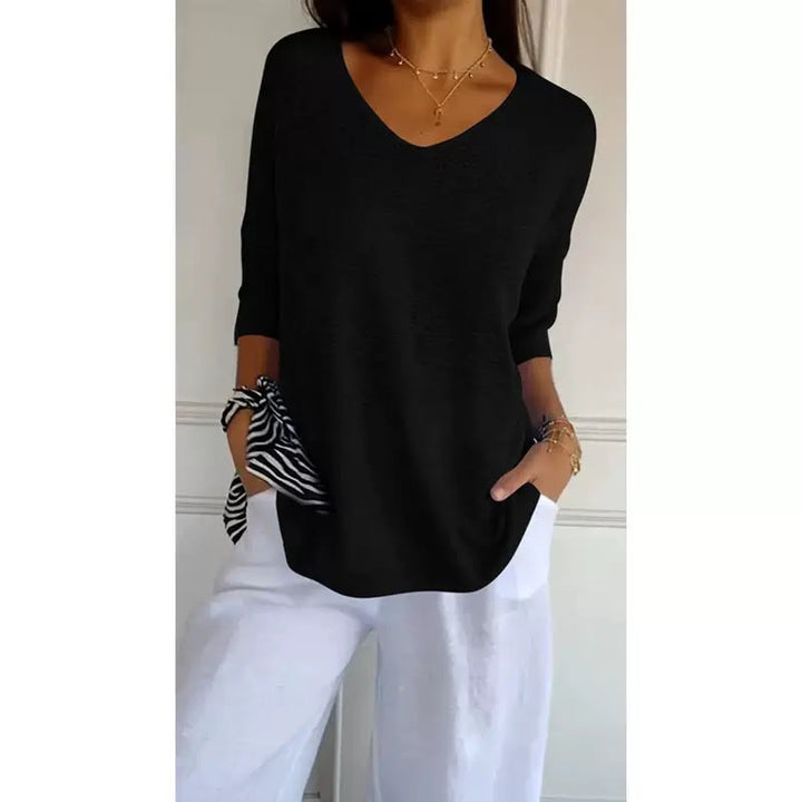 Ellen™ | Pull en tricot doux à manches 3/4 et col en V pour femmes