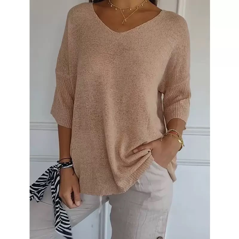 Ellen™ | Pull en tricot doux à manches 3/4 et col en V pour femmes