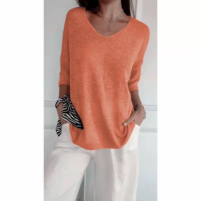 Ellen™ | Pull en tricot doux à manches 3/4 et col en V pour femmes