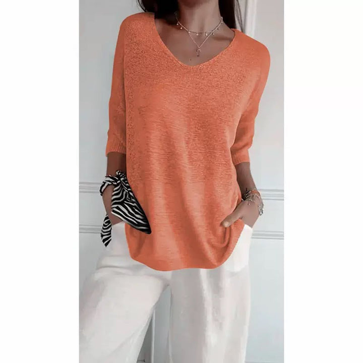 Ellen™ | Pull en tricot doux à manches 3/4 et col en V pour femmes