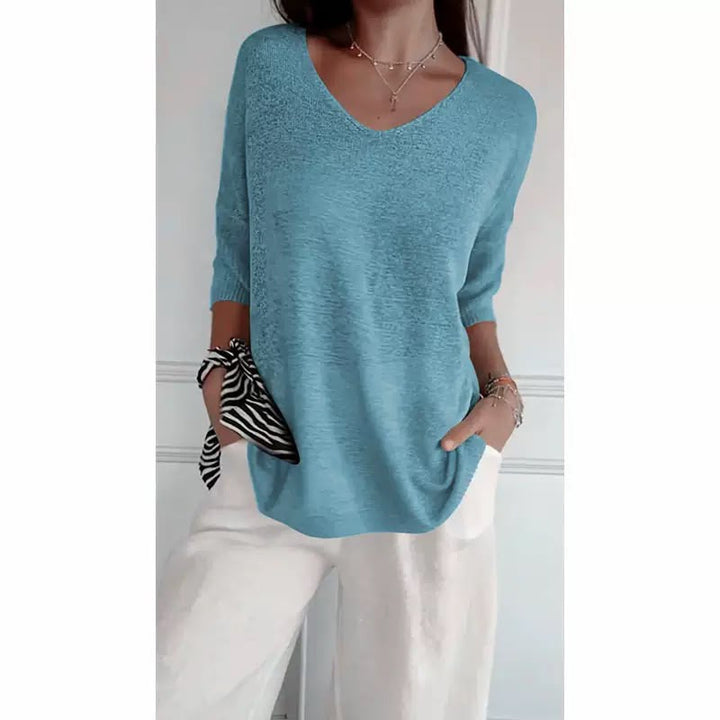 Ellen™ | Pull en tricot doux à manches 3/4 et col en V pour femmes