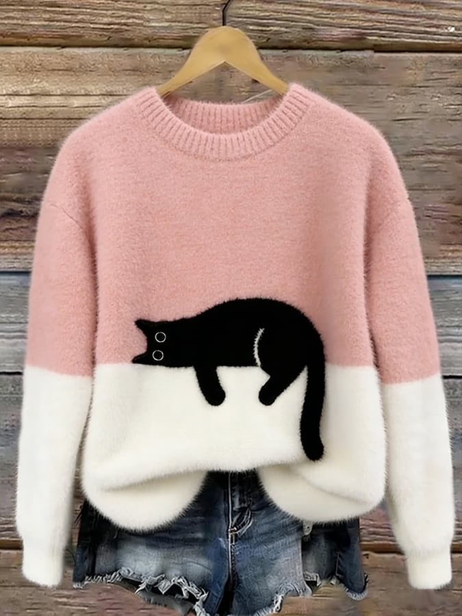 Pull Élégant à Imprimé Chat pour Femmes