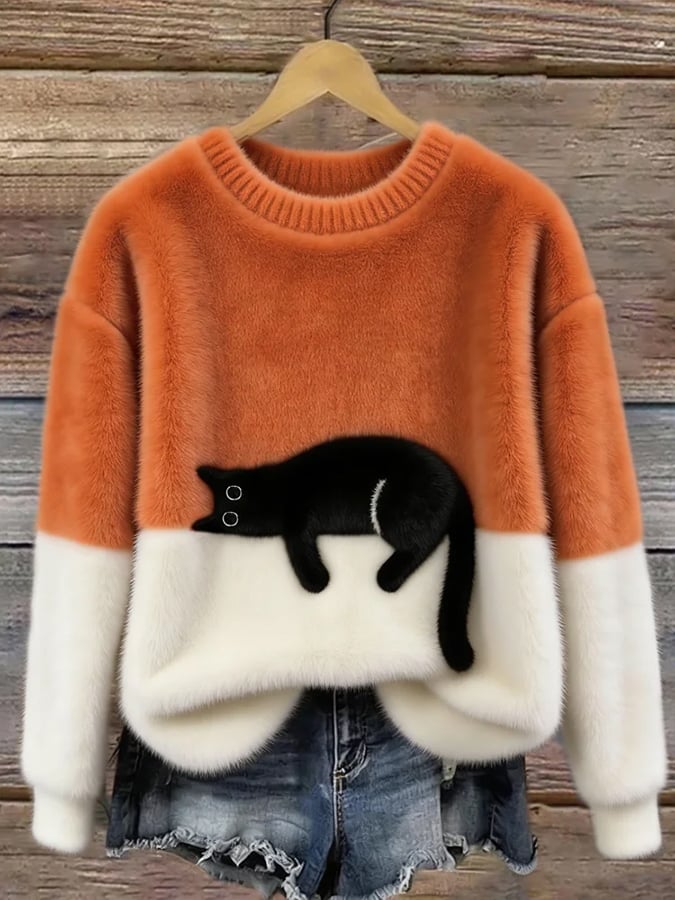 Pull Élégant à Imprimé Chat pour Femmes