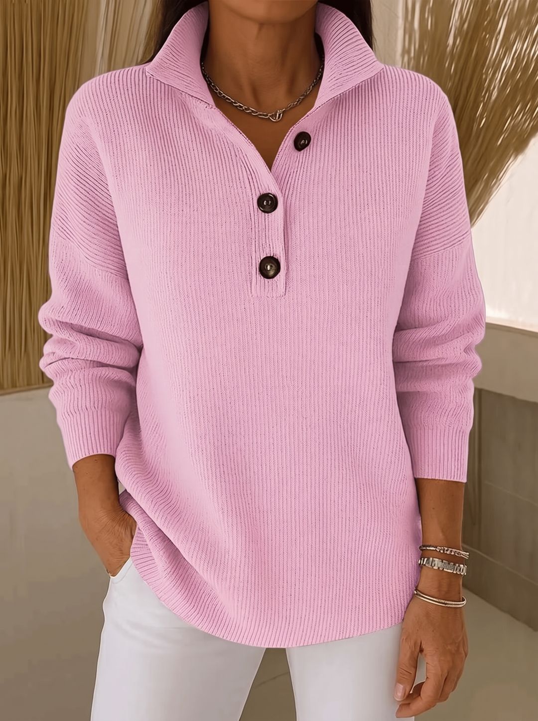 Pull Polo à Col V Côtelé pour Femmes