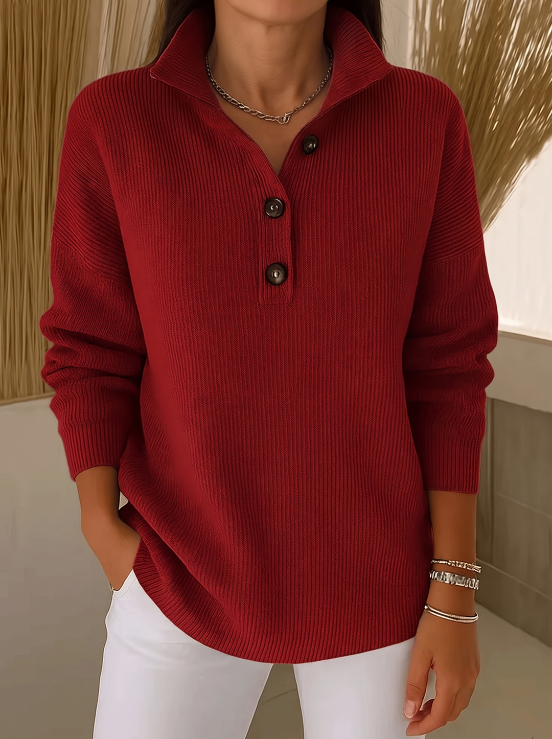 Pull Polo à Col V Côtelé pour Femmes