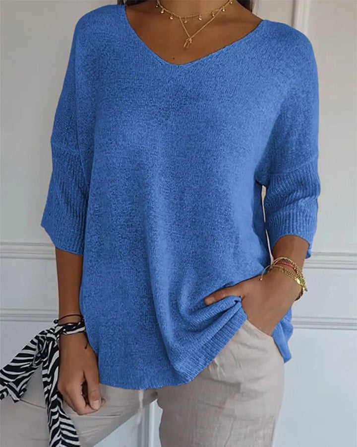 Ellen™ | Pull en tricot doux à manches 3/4 et col en V pour femmes