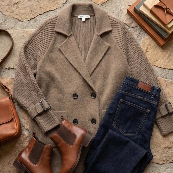 Manteau Long à Manches Tricotées Croisé pour Femmes
